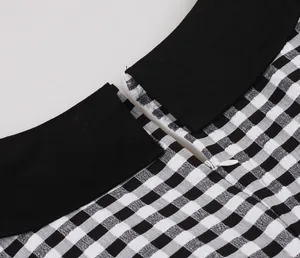Close-up of invisible zipper and black contrast collar on black white gingham dress.