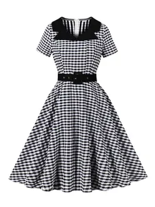 Vintage black and white gingham short sleeve dress with sailor collar and waist belt.