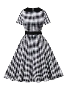 Vintage black and white gingham dress with short sleeves and contrast Peter Pan collar