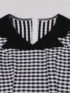 Vintage black and white plaid dress with stylish black contrast collar and back zipper
