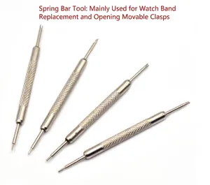 Close-up detail of 4 stainless steel double-headed spring bar tools for watch repair