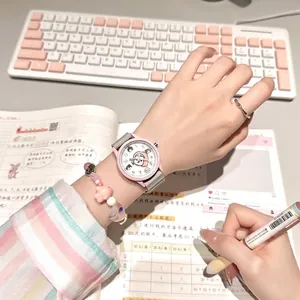 Lindo reloj de cuarzo para niñas con caja rosa y correa de silicona gris resistente