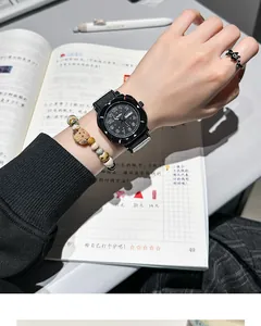 Close-up of stylish black student quartz watch with canvas strap and dual calendar