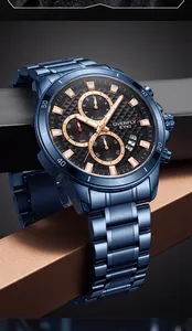 Détail d'une montre chronographe en acier bleu avec affichage de la date complet