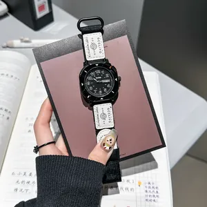 Elegant black canvas strap quartz watch with dual calendar display for students and youth.