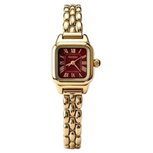 Vintage women's quartz watch with square red dial and gold link bracelet