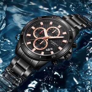 Montre à quartz multifonction pour homme avec bracelet en acier noir et fond d'eau étanche