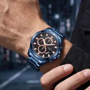 Montre chronographe multifonction haut de gamme pour homme en acier inoxydable bleu avec date