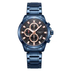 Montre à quartz multifonction pour homme avec bracelet en acier bleu et cadran noir