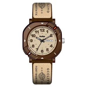 Stylish quartz watch for students with double calendar display and brown canvas strap.