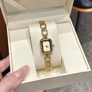 Vintage gold rectangular quartz watch for women with chain link strap in gift box
