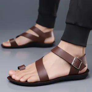 Premium brown leather men's toe-ring sandals with adjustable buckle strap and black sole