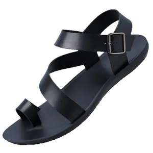 Stylish black men's summer sandals with toe loop and adjustable buckle strap closure