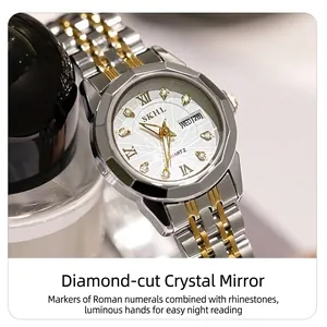 Reloj de cuarzo de lujo para mujer con brazalete de acero-oro, esfera de pedrería y calendario