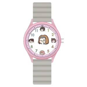 Lindo reloj de cuarzo rosa para niñas con esfera de dibujos y correa de silicona