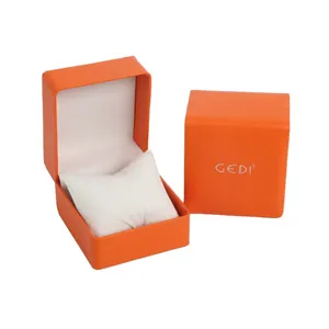 Premium orange faux leather watch gift box with flip-top lid and soft white pillow