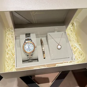 Elegant women's quartz watch gift set with matching necklace and bracelet in a beige box