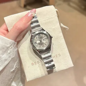 Elegant silver women's quartz watch with day-date window and Roman numeral dial