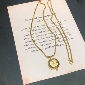 Retro Square Gold Pocket Watch Necklace Niche Elegant Thin Chain Pendant Watch For Women Fashion Accessories Jewelry