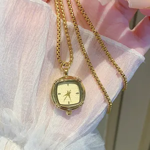Vintage gold square watch pendant necklace with elegant box chain detail