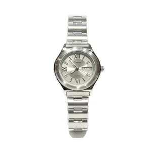 Elegant silver ladies' quartz watch with day-date display and Roman numeral indices
