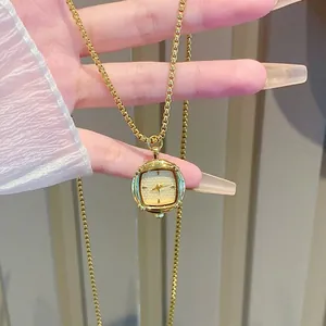 Vintage gold square watch pendant necklace featuring a delicate box chain for women.