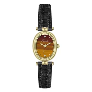 Vintage-Damenuhr in Gold-Oval mit schwarzem Lederarmband und Diamant-Zifferblatt.