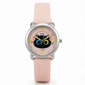 Reloj infantil de gato con correa de silicona rosa y esfera de gato con auriculares