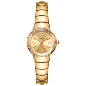 Elegante reloj de mujer estilo vintage dorado con cristal facetado y correa de metal