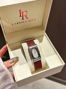 Detailed view of GUOU vintage square women watch with red leather strap in premium gift box