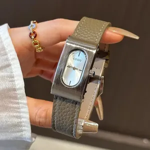 GUOU luxury rectangular quartz watch for women featuring a vintage grey leather strap