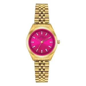 Orologio al quarzo di lusso da donna con cinturino in acciaio dorato e quadrante rosa fucsia