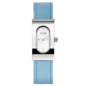 GUOU luxury square silver women's quartz watch with stylish light blue leather strap