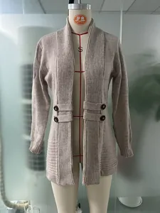 Detailed view of the knit texture and button decorative tabs on a taupe open cardigan.