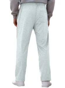 Back view of men's grey casual sports sweatpants featuring side stripes and elastic waist