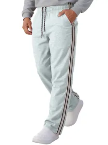 Men's light gray sports sweatpants featuring classic side stripes and elastic waist