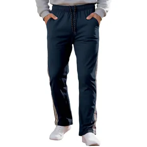 Men's navy blue straight-leg jogger sweatpants with white side stripes and drawstring.