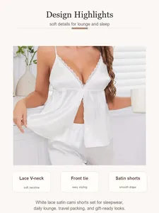 Detail showing white satin cami set with lace V-neck and front tie for sleepwear