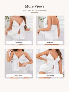 Detail views of white satin camisole and shorts pajama set with lace trim