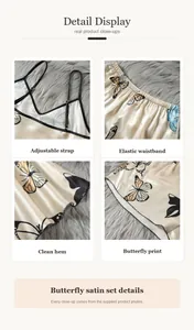Detailed views of butterfly print satin pajama set showing straps and elastic waistband
