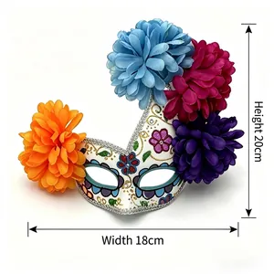 Detailed view of Day of the Dead masquerade mask with vibrant flowers and size measurements
