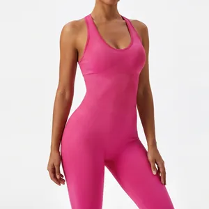 Combinaison de yoga sans couture rose vif avec coussinets pour le fitness pro