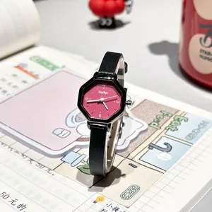 Women Octagonal Quartz Watch Minimalist Dopamine Contrast Niche Design Leather Strap Mori Style Student Analog Wrist Watch