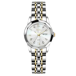 Elegante reloj de cuarzo bicolor para mujer con índices de diamantes y visualización de fecha