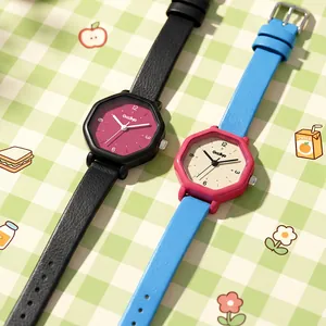 Minimalist octagonal quartz watches for women with colorful dopamine aesthetic for students