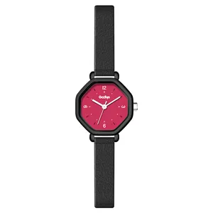 Minimalist octagonal ladies quartz watch featuring a hot pink dial and slim black leather strap
