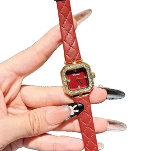 Elegant square women's watch featuring a red quilted leather strap and rhinestone bezel