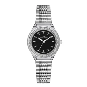Montre de luxe IBSO en acier argenté avec cadran noir serti de strass pour femme