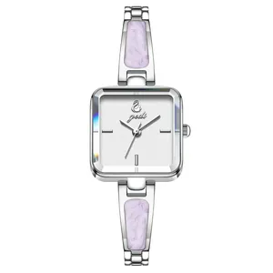 Elegant silver square bangle watch for women featuring light purple marble accents 2026