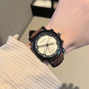 Unisex Fashion Quartz Watch Genuine Leather Strap Peace Sign Vintage Casual Sports Watch for Men Women Accessory